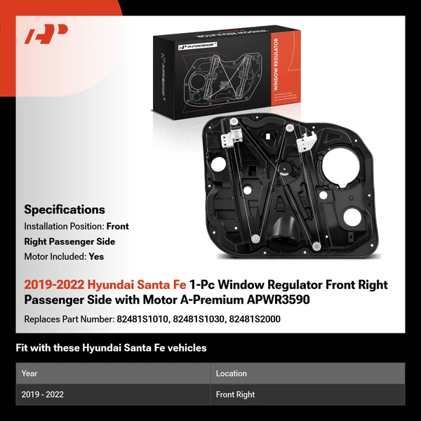 2019-2022 Hyundai Santa Fe 1-Pc Window Regulator Front Right Passenger Side with Motor A-Premium APWR3590