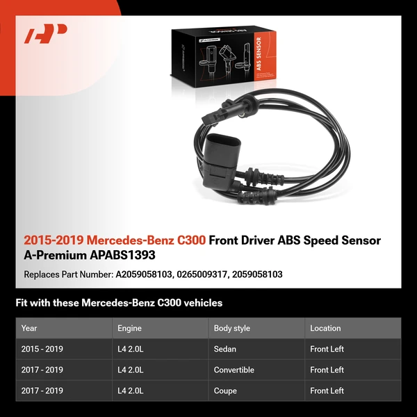2015-2019 Mercedes-Benz C300 Front Driver ABS Speed Sensor A-Premium APABS1393