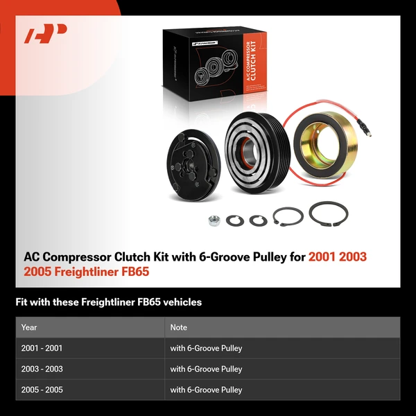 AC Compressor Clutch Kit with 6-Groove Pulley for 2001 2003 2005 Freightliner FB65