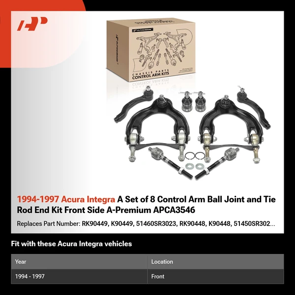 1994-1997 Acura Integra A Set of 8 Control Arm Ball Joint and Tie Rod End Kit Front Side A-Premium APCA3546