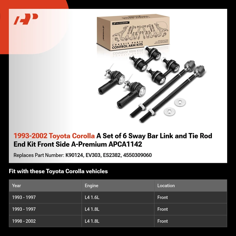 1993-2002 Toyota Corolla A Set of 6 Sway Bar Link and Tie Rod End Kit Front Side A-Premium APCA1142