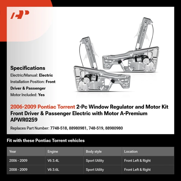 2006-2009 Pontiac Torrent 2-Pc Window Regulator and Motor Kit Front Driver & Passenger Electric with Motor A-Premium APWR0259