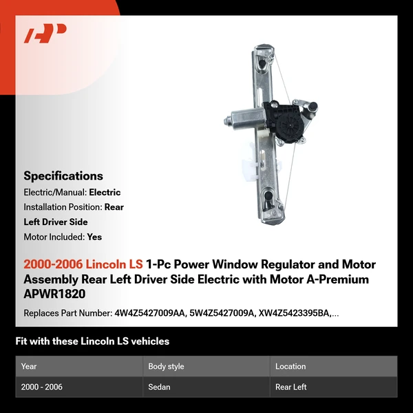 2000-2006 Lincoln LS 1-Pc Power Window Regulator and Motor Assembly Rear Left Driver Side Electric with Motor A-Premium APWR1820