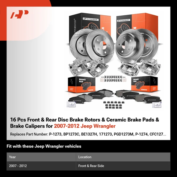 16 Pcs Front & Rear Disc Brake Rotors & Ceramic Brake Pads & Brake Calipers for 2007-2012 Jeep Wrangler