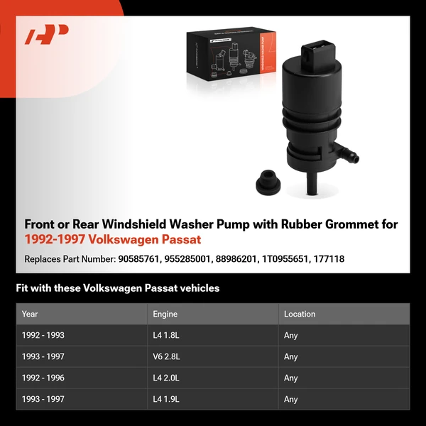 Front or Rear Windshield Washer Pump with Rubber Grommet for 1992-1997 Volkswagen Passat