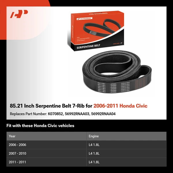 85.21 Inch Serpentine Belt 7-Rib for 2006-2011 Honda Civic