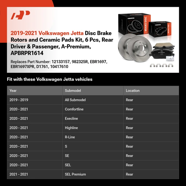 2019-2021 Volkswagen Jetta Disc Brake Rotors and Ceramic Pads Kit, 6 Pcs, Rear Driver & Passenger, A-Premium, APBRPR1614