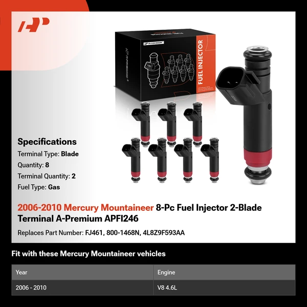 2006-2010 Mercury Mountaineer 8-Pc Fuel Injector 2-Blade Terminal A-Premium APFI246