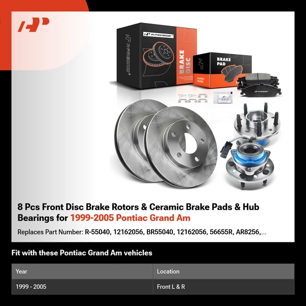 8 Pcs Front Disc Brake Rotors & Ceramic Brake Pads & Hub Bearings for 1999-2005 Pontiac Grand Am
