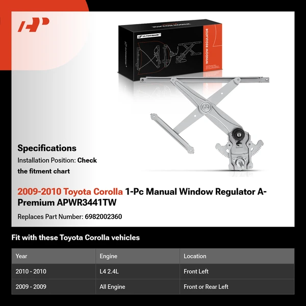 2009-2010 Toyota Corolla 1-Pc Manual Window Regulator A-Premium APWR3441TW
