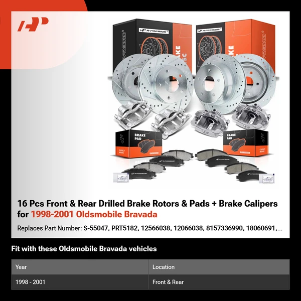 16 Pcs Front & Rear Drilled Brake Rotors & Pads + Brake Calipers for 1998-2001 Oldsmobile Bravada