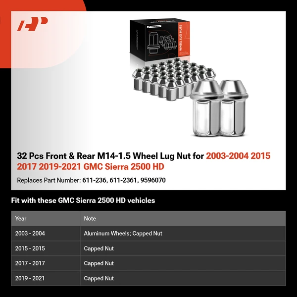 32 Pcs Front & Rear M14-1.5 Wheel Lug Nut for 2003-2004 2015 2017 2019-2021 GMC Sierra 2500 HD