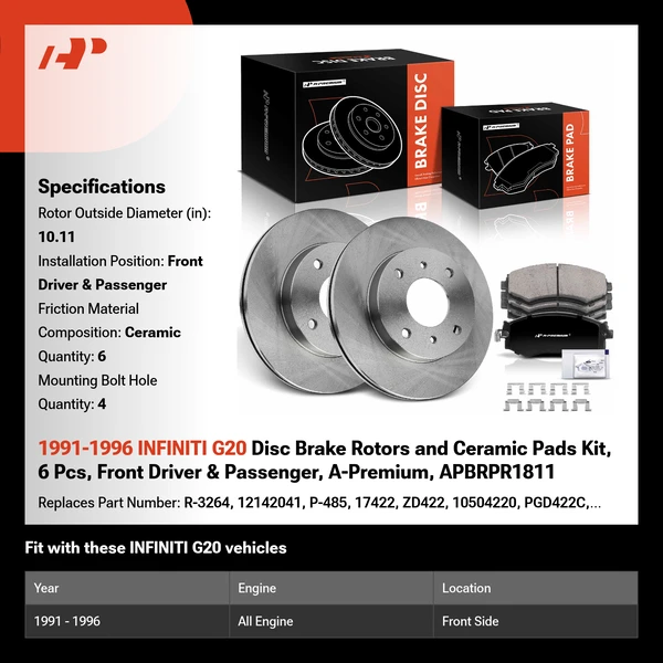 1991-1996 INFINITI G20 Disc Brake Rotors and Ceramic Pads Kit, 6 Pcs, Front Driver & Passenger, A-Premium, APBRPR1811