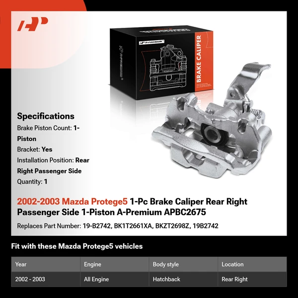 2002-2003 Mazda Protege5 1-Pc Brake Caliper Rear Right Passenger Side 1-Piston A-Premium APBC2675