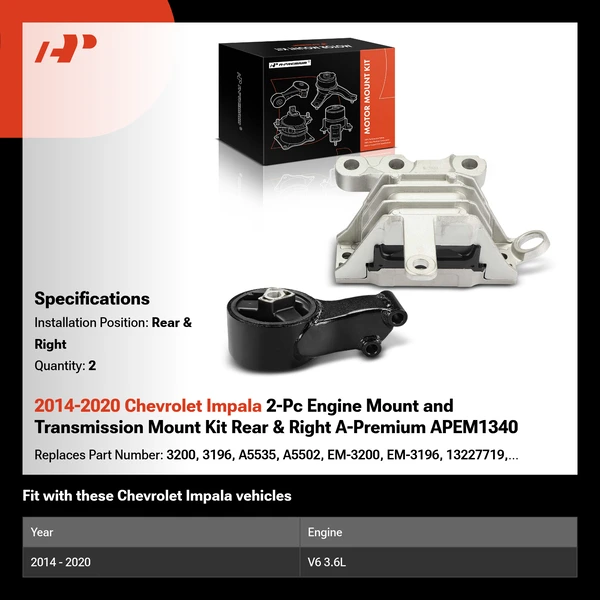 2014-2020 Chevrolet Impala 2-Pc Engine Mount and Transmission Mount Kit Rear & Right A-Premium APEM1340
