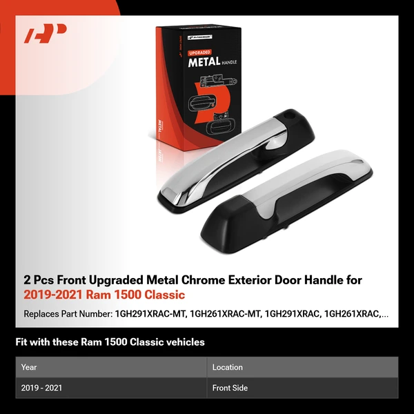 2 Pcs Front Upgraded Metal Chrome Exterior Door Handle for 2019-2021 Ram 1500 Classic