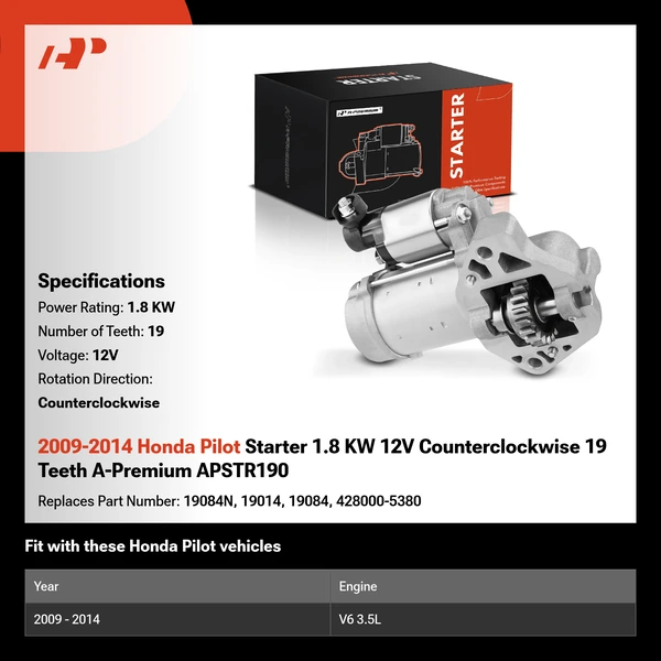 2009-2014 Honda Pilot Starter 1.8 KW 12V Counterclockwise 19 Teeth A-Premium APSTR190