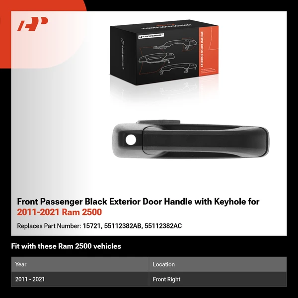 Front Passenger Black Exterior Door Handle with Keyhole for 2011-2021 Ram 2500