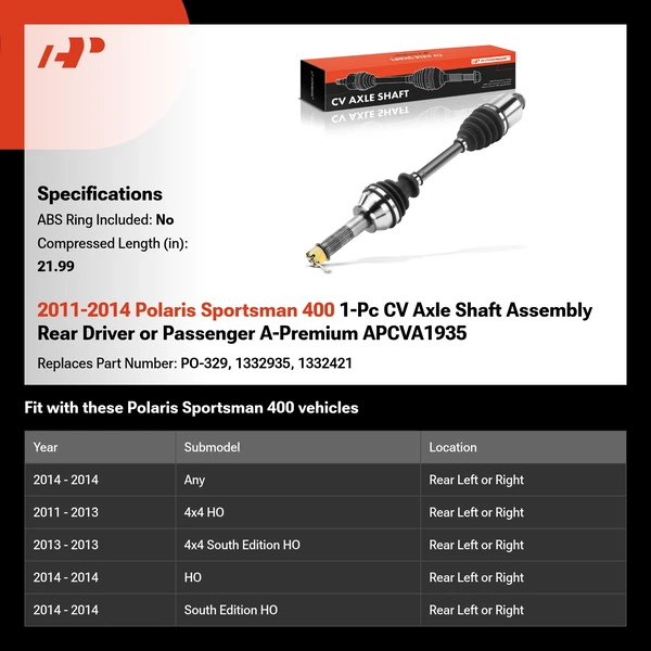 2011-2014 Polaris Sportsman 400 1-Pc CV Axle Shaft Assembly Rear Driver or Passenger A-Premium APCVA1935