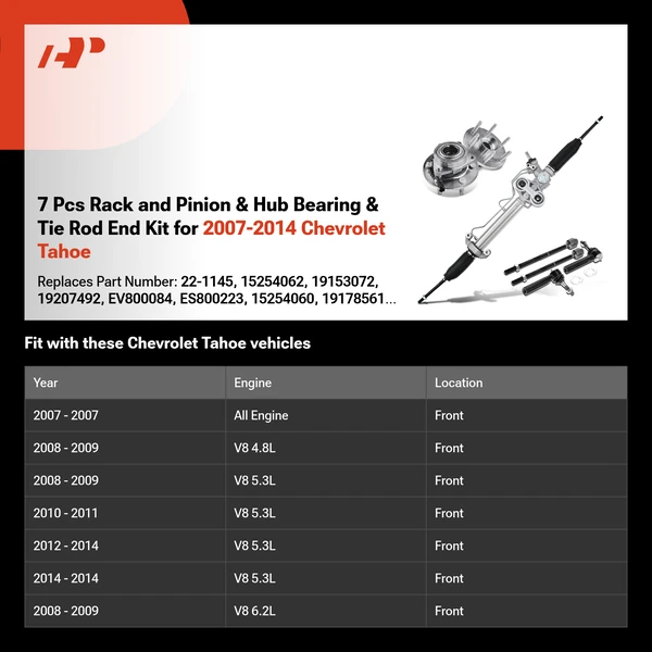 7 Pcs Rack and Pinion & Hub Bearing & Tie Rod End Kit for 2007-2014 Chevrolet Tahoe