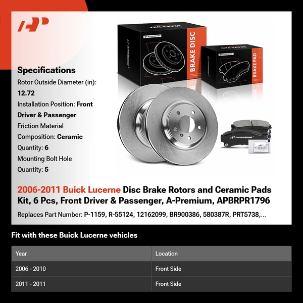 2006-2011 Buick Lucerne Disc Brake Rotors and Ceramic Pads Kit, 6 Pcs, Front Driver & Passenger, A-Premium, APBRPR1796