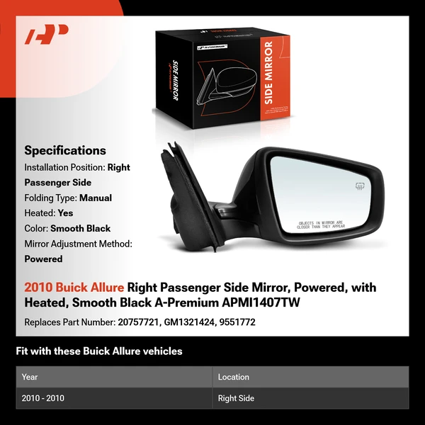 2010 Buick Allure Right Passenger Side Mirror, Powered, with Heated, Smooth Black A-Premium APMI1407TW