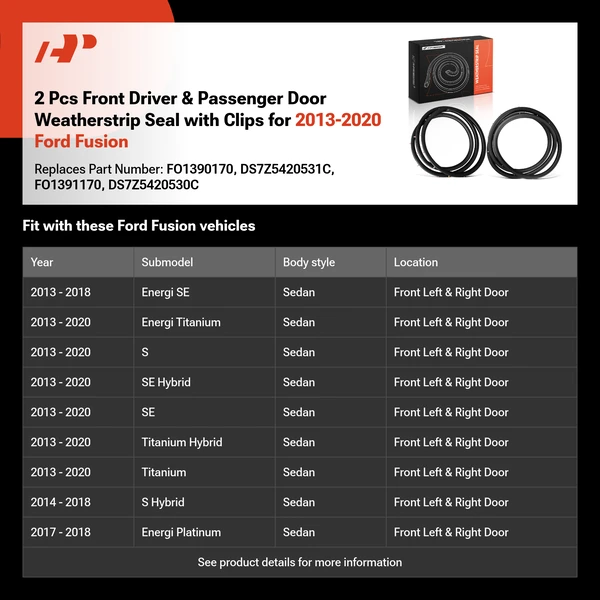 2 Pcs Front Driver & Passenger Door Weatherstrip Seal with Clips for 2013-2020 Ford Fusion