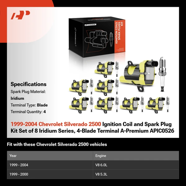 1999-2004 Chevrolet Silverado 2500 Ignition Coil and Spark Plug Kit Set of 8 Iridium Series, 4-Blade Terminal A-Premium APIC0526