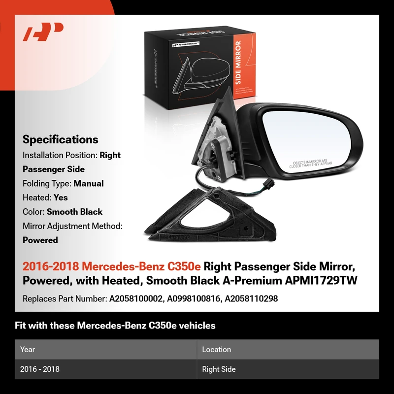 2016-2018 Mercedes-Benz C350e Right Passenger Side Mirror, Powered, with Heated, Smooth Black A-Premium APMI1729TW