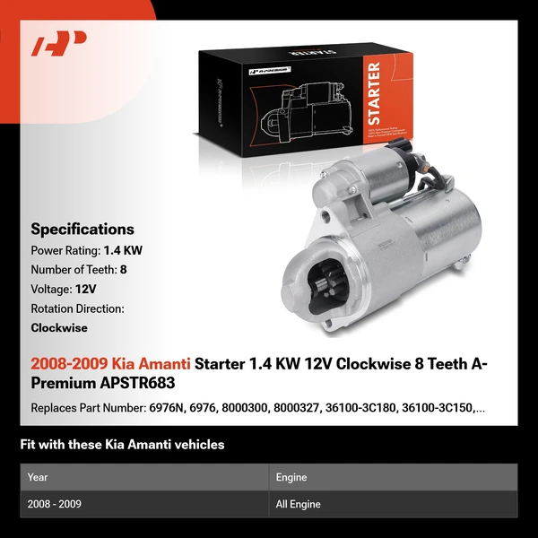 2008-2009 Kia Amanti Starter 1.4 KW 12V Clockwise 8 Teeth A-Premium APSTR683