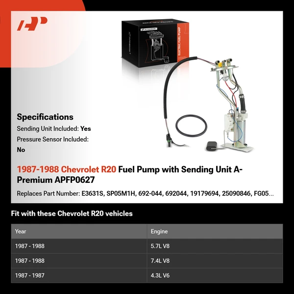 1987-1988 Chevrolet R20 Fuel Pump with Sending Unit A-Premium APFP0627
