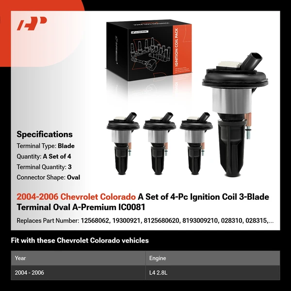 2004-2006 Chevrolet Colorado A Set of 4-Pc Ignition Coil 3-Blade Terminal Oval A-Premium IC0081