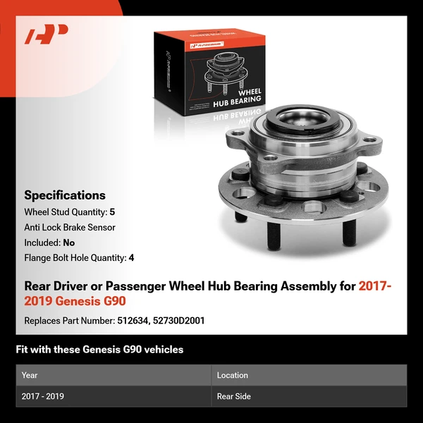 Rear Driver or Passenger Wheel Hub Bearing Assembly for 2017-2019 Genesis G90