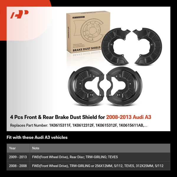 4 Pcs Front & Rear Brake Dust Shield for 2008-2013 Audi A3