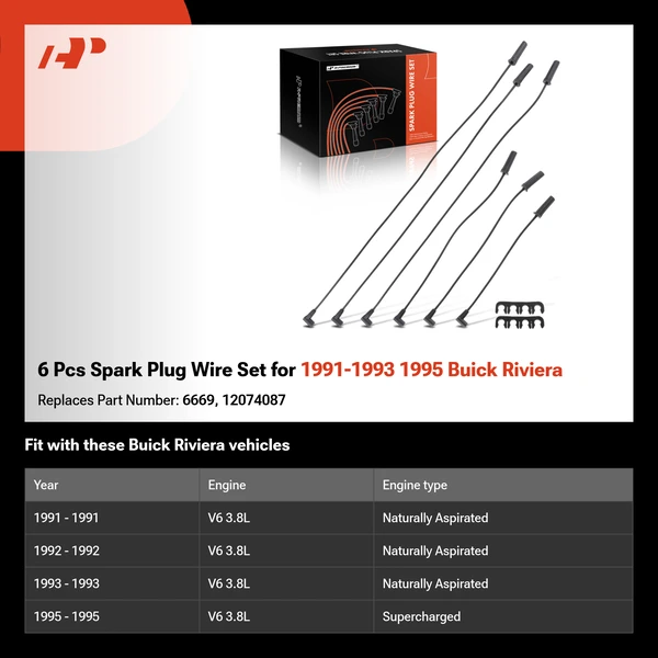 6 Pcs Spark Plug Wire Set for 1991-1993 1995 Buick Riviera