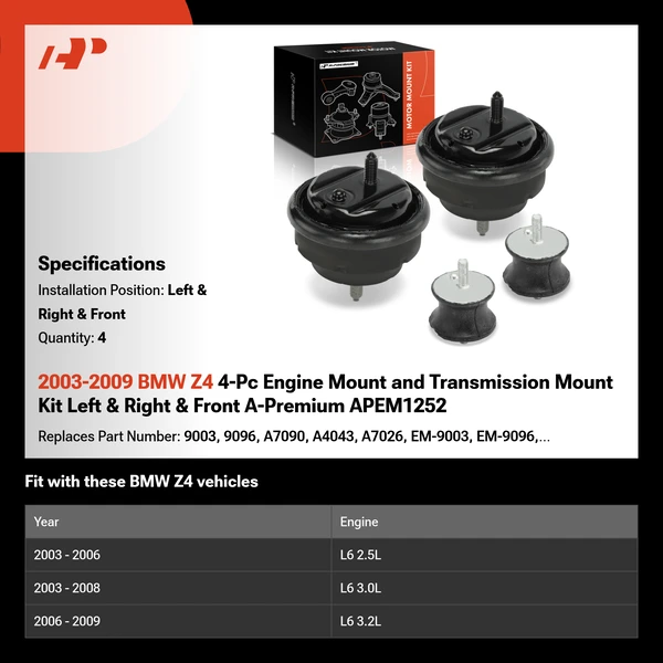 2003-2009 BMW Z4 4-Pc Engine Mount and Transmission Mount Kit Left & Right & Front A-Premium APEM1252
