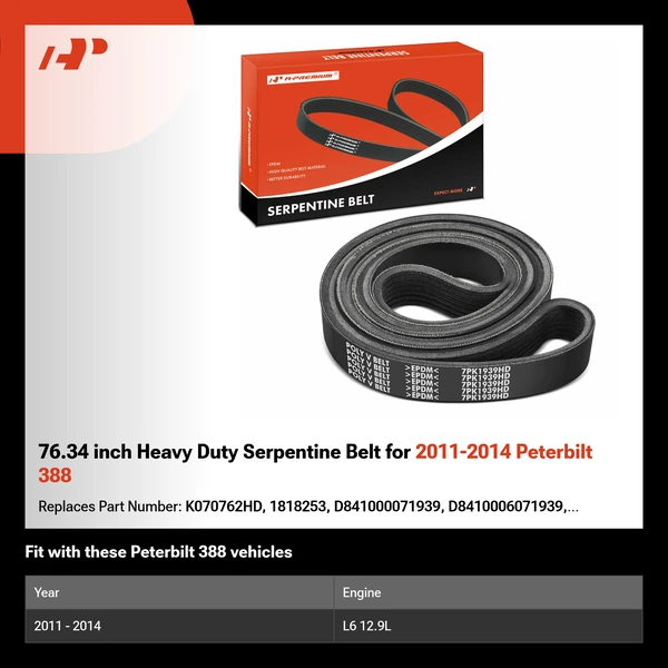 76.34 inch Heavy Duty Serpentine Belt for 2011-2014 Peterbilt 388