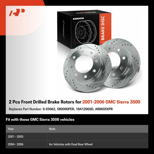 2 Pcs Front Drilled Brake Rotors for 2001-2006 GMC Sierra 3500