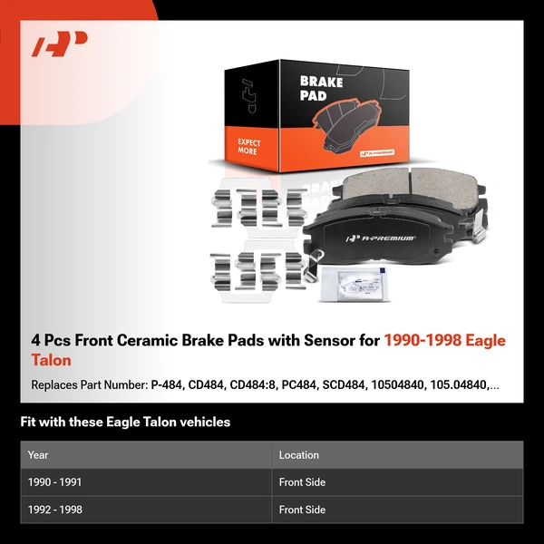 4 Pcs Front Ceramic Brake Pads with Sensor for 1990-1998 Eagle Talon