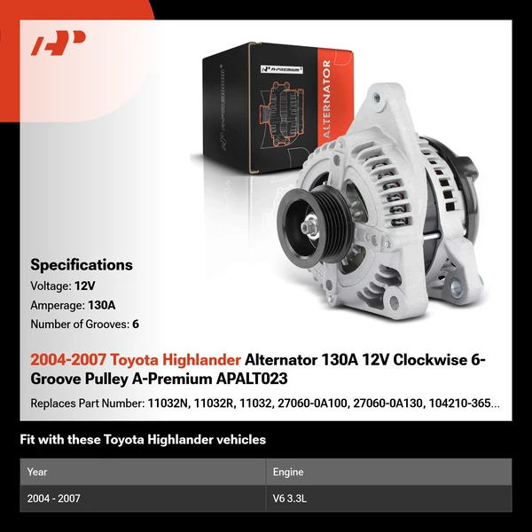 2004-2007 Toyota Highlander Alternator 130A 12V Clockwise 6-Groove Pulley A-Premium APALT023