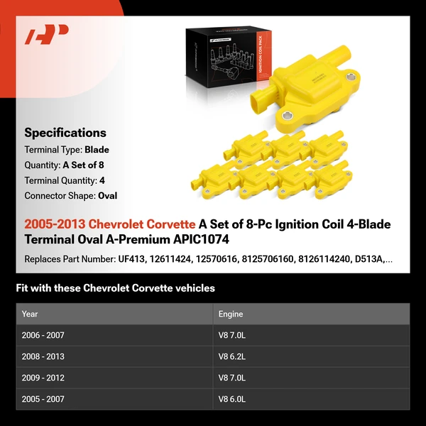 2005-2013 Chevrolet Corvette A Set of 8-Pc Ignition Coil 4-Blade Terminal Oval A-Premium APIC1074