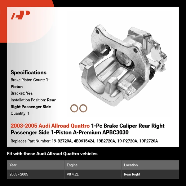 2003-2005 Audi Allroad Quattro 1-Pc Brake Caliper Rear Right Passenger Side 1-Piston A-Premium APBC3030