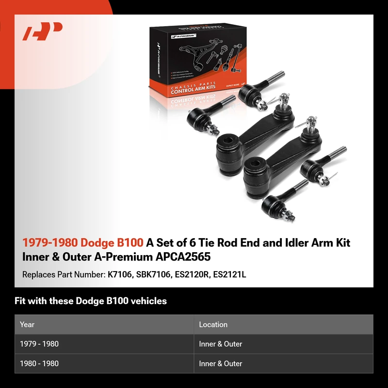 1979-1980 Dodge B100 A Set of 6 Tie Rod End and Idler Arm Kit Inner & Outer A-Premium APCA2565