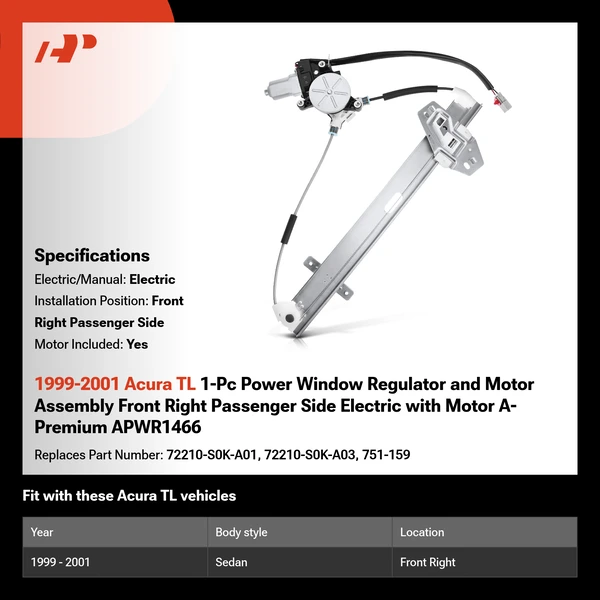 1999-2001 Acura TL 1-Pc Power Window Regulator and Motor Assembly Front Right Passenger Side Electric with Motor A-Premium APWR1466
