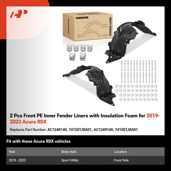 2 Pcs Front PE Inner Fender Liners with Insulation Foam for 2019-2023 Acura RDX