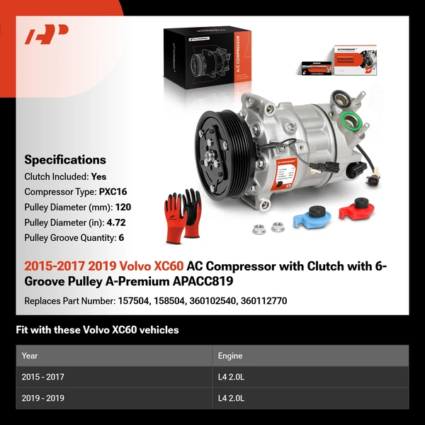 2015-2017 2019 Volvo XC60 AC Compressor with Clutch with 6-Groove Pulley A-Premium APACC819