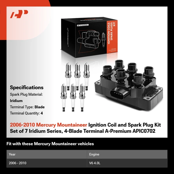 2006-2010 Mercury Mountaineer Ignition Coil and Spark Plug Kit Set of 7 Iridium Series, 4-Blade Terminal A-Premium APIC0702