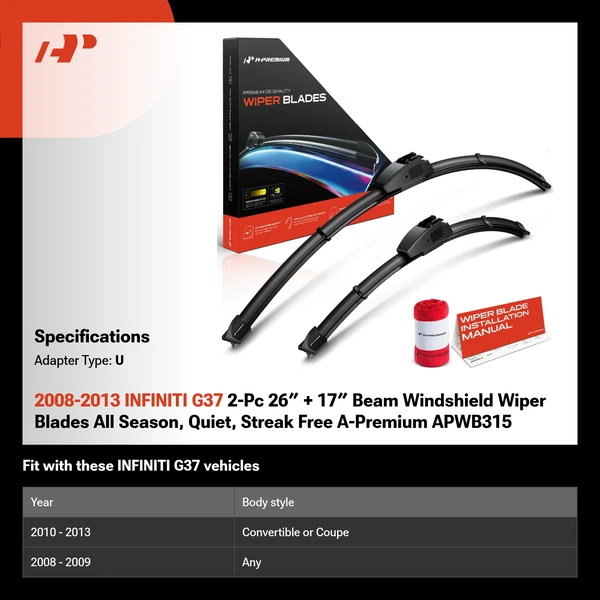 2008-2013 INFINITI G37 2-Pc 26″ + 17″ Beam Windshield Wiper Blades All Season, Quiet, Streak Free A-Premium APWB315