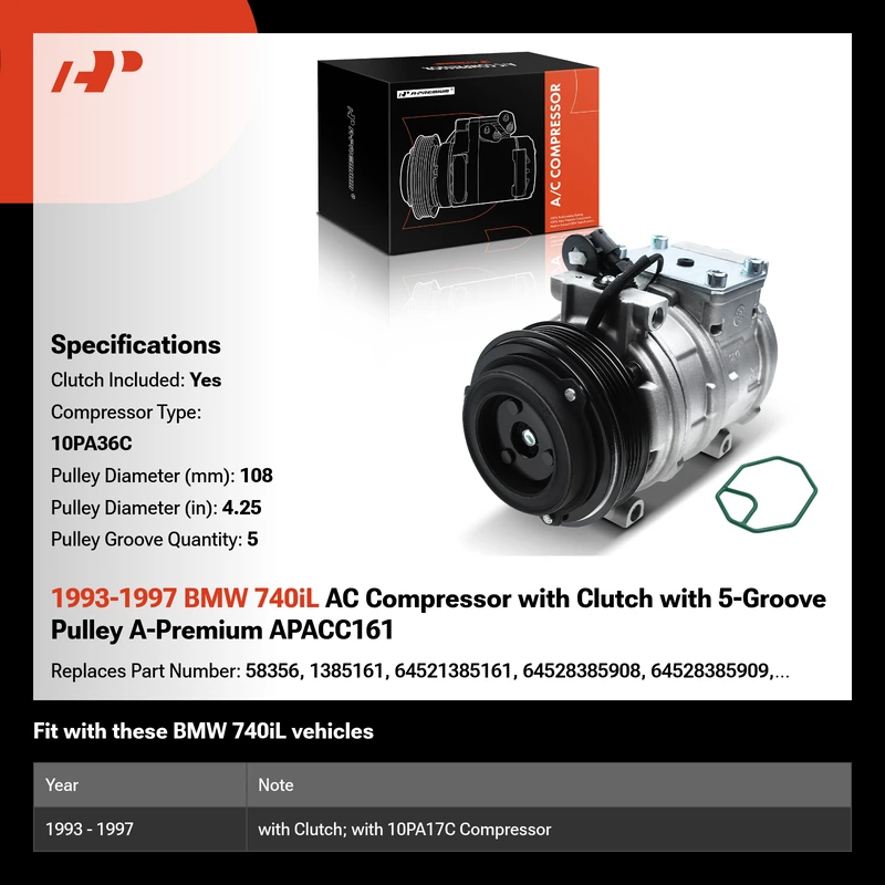 1993-1997 BMW 740iL AC Compressor with Clutch with 5-Groove Pulley A-Premium APACC161