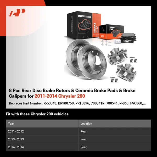 8 Pcs Rear Disc Brake Rotors & Ceramic Brake Pads & Brake Calipers for 2011-2014 Chrysler 200